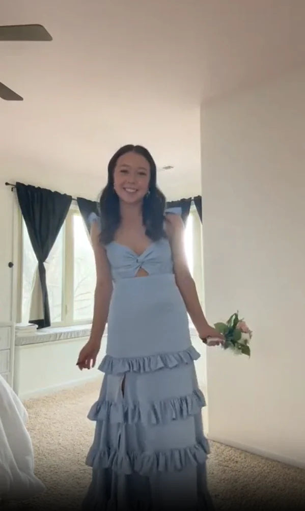 Blaues elegantes, modisches, langes Satin-Rüschen-Ballkleid, Abendkleid, Partykleid, Brautjungfernkleid, Abschlusskleid nv3568