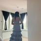 Blaues elegantes, modisches, langes Satin-Rüschen-Ballkleid, Abendkleid, Partykleid, Brautjungfernkleid, Abschlusskleid nv3568