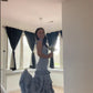Blaues elegantes, modisches, langes Satin-Rüschen-Ballkleid, Abendkleid, Partykleid, Brautjungfernkleid, Abschlusskleid nv3568