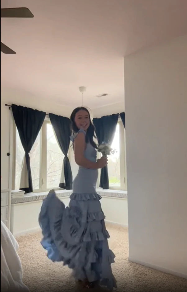 Blaues elegantes, modisches, langes Satin-Rüschen-Ballkleid, Abendkleid, Partykleid, Brautjungfernkleid, Abschlusskleid nv3568
