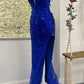 Red/Blue Gorgeous Sexy Cut Glass Mirror Lace Up Slit Long Prom Dress Evening Dress Party Dress nv238