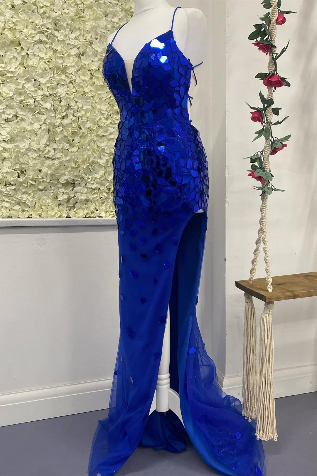 Red/Blue Gorgeous Sexy Cut Glass Mirror Lace Up Slit Long Prom Dress Evening Dress Party Dress nv238