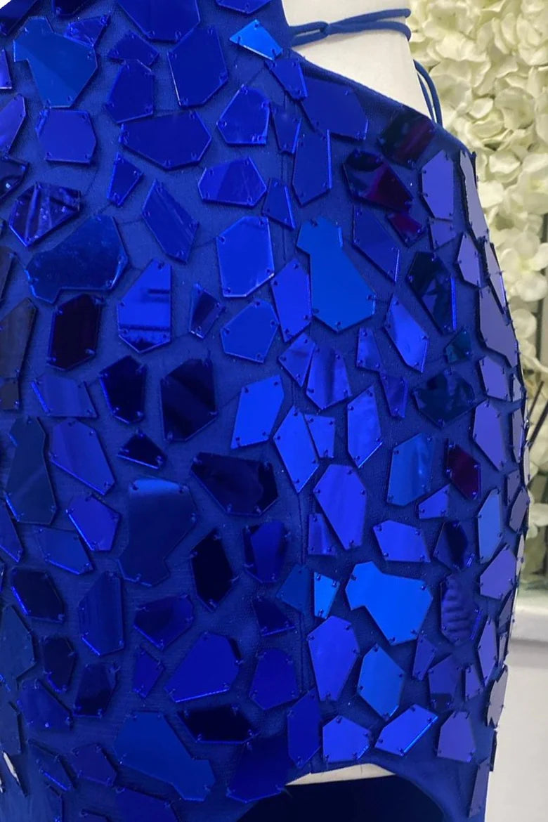 Red/Blue Gorgeous Sexy Cut Glass Mirror Lace Up Slit Long Prom Dress Evening Dress Party Dress nv238