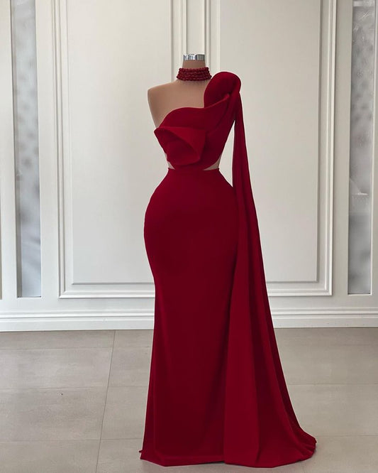 Burgundy Red Elegant One Shoulder Fashion Flower Mermaid Slim Fit Long Ball Gown Prom Dress Evening Dress nv3226