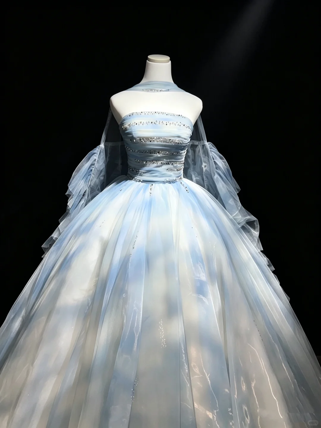 Strapless Sky Blue Cloud Print Tulle Prom Dress Beaded Bodice Detachable Puff Sleeve Princess Ball Gown  NV6992