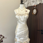Elfenbeinweißes, geblümtes, perlenbesetztes, kurzes Satin-Heimkehrkleid, Ballkleid, Abendkleid, Hochzeitskleid, nv4217