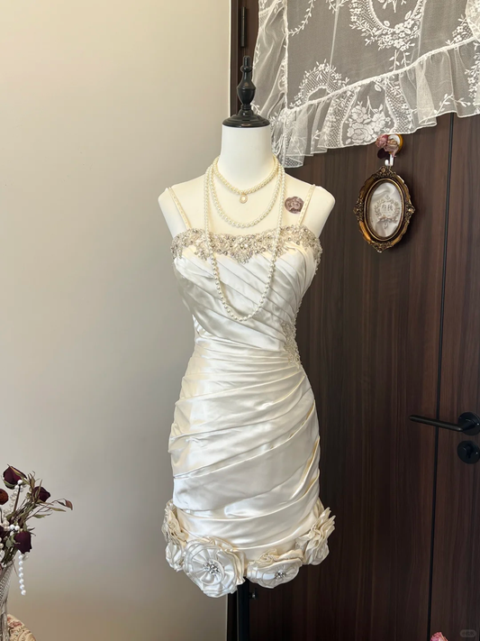 Ivory White Floral Beaded Short Satin Homecoming Dress Prom Dress Evening Dress Wedding Dress nv4217