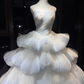 Light Blue Ombre Strapless Tulle Ball Gown, Beaded Tiered Cloud Ruffle Prom Dress  NV7085