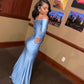 Light blue simple fashion elegant long sleeve satin long slit ball gown evening dress party dress nv2527