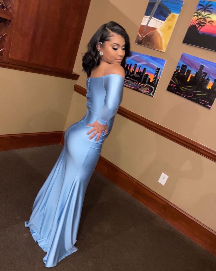 Light blue simple fashion elegant long sleeve satin long slit ball gown evening dress party dress nv2527