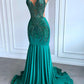 Emerald Green Sleeveless Mermaid Long Slim Fit Ball Gown Evening Dress Beaded Crystal nv2835