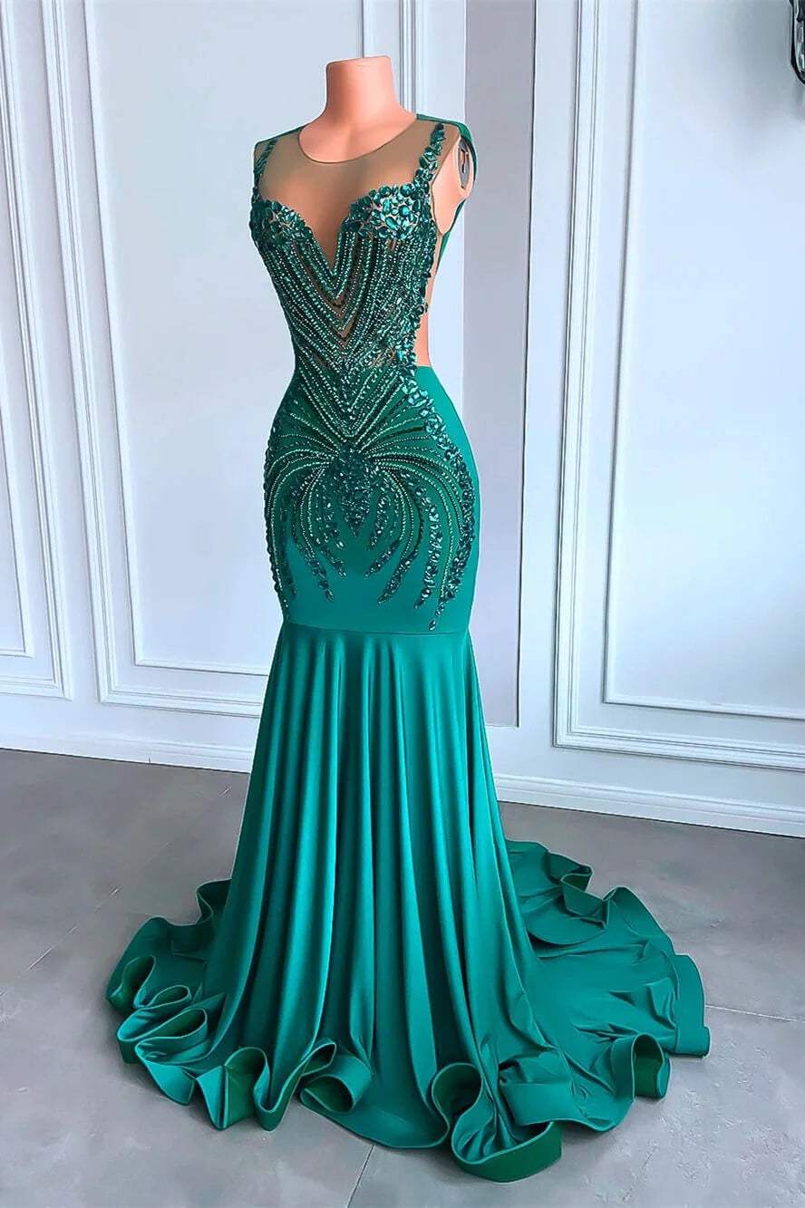 Emerald Green Sleeveless Mermaid Long Slim Fit Ball Gown Evening Dress Beaded Crystal nv2835