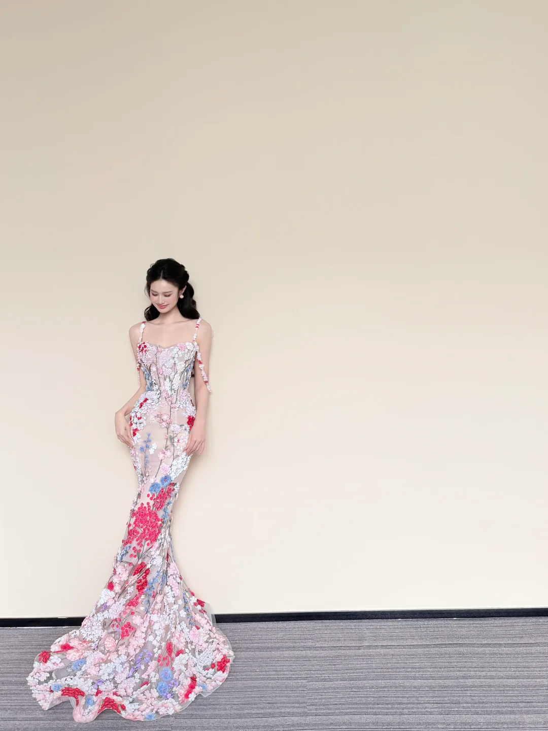 Spaghetti Strap 3D Colorful Flower Sheer Mermaid Prom Dress with Train  NV7425