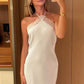 Weißes, schlichtes, exquisites Spitzen-Abendkleid mit langem Arm nv3511