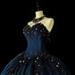 Marineblaues, wunderschönes, exquisites, perlenbesetztes, florales, langes Ballkleid aus Tüll, nv4379