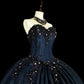 Marineblaues, wunderschönes, exquisites, perlenbesetztes, florales, langes Ballkleid aus Tüll, nv4379