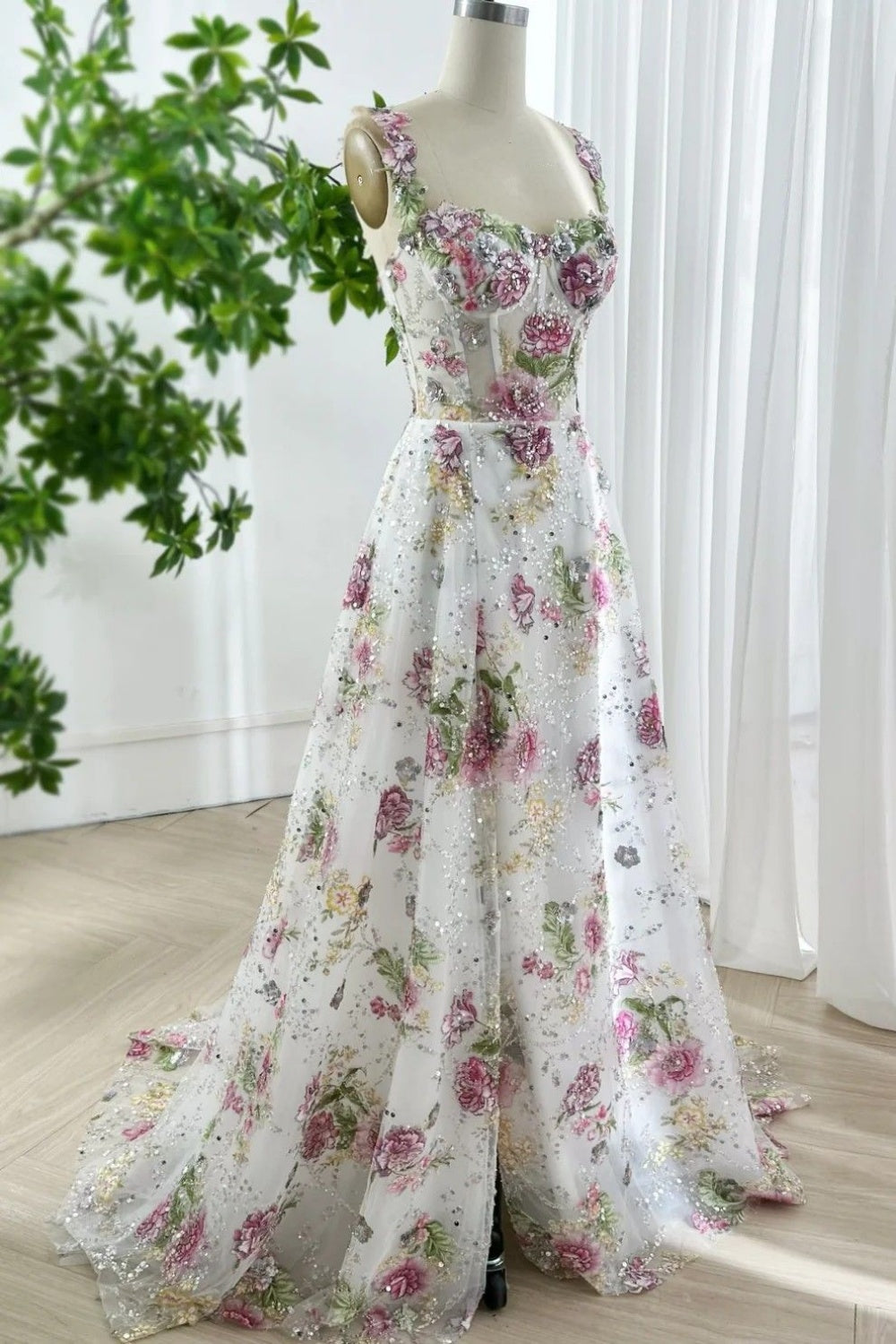 NiceVestidos - Robe de mariée longue en tulle rose à imprimé floral, élégante et douce, NV5871