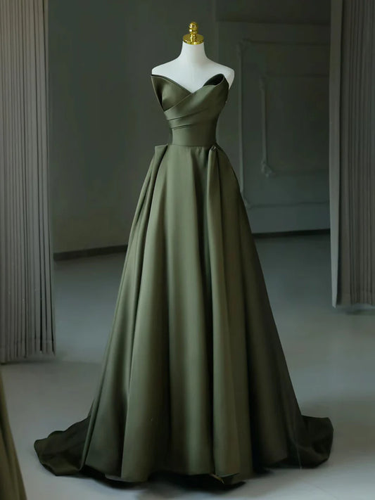 A-Linie V-Ausschnitt Satin Grünes langes Ballkleid, Grünes langes Abendkleid nv1604