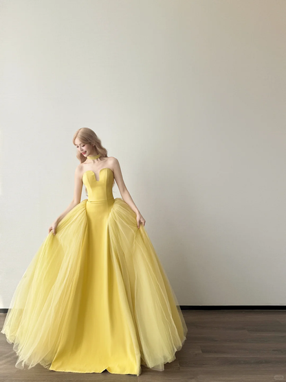 Bright Yellow Strapless Notch V Prom Gown Satin Choker Neck Layered Tulle A Line Evening Dress  NV7156