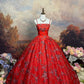 Robe de bal longue en satin rouge vintage à fleurs et perles nv5144
