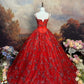 Robe de bal longue en satin rouge vintage à fleurs et perles nv5144