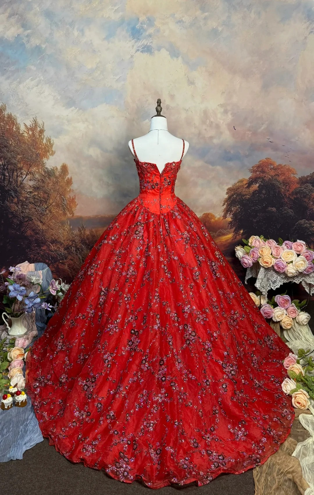 Robe de bal longue en satin rouge vintage à fleurs et perles nv5144