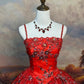 Robe de bal longue en satin rouge vintage à fleurs et perles nv5144