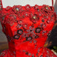 Robe de bal longue en satin rouge vintage à fleurs et perles nv5144