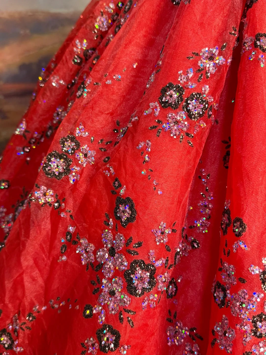 Robe de bal longue en satin rouge vintage à fleurs et perles nv5144