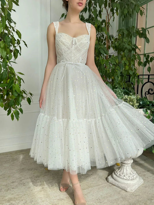 Elfenbeinfarbenes Ballkleid mit herzförmigem Ausschnitt und wadenlanger Trägern Elfenbeinfarbenes Abendkleid NV1533