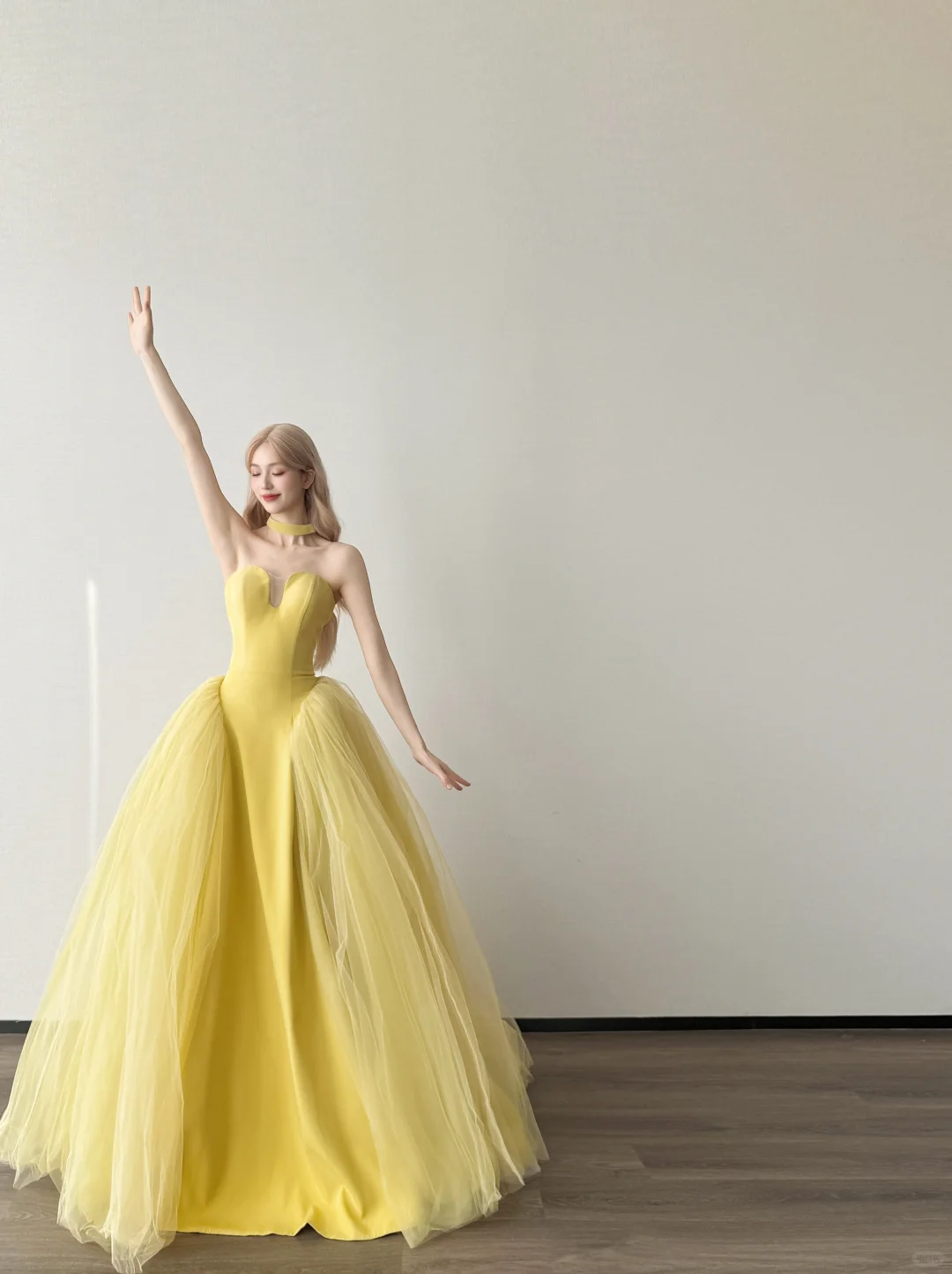 Bright Yellow Strapless Notch V Prom Gown Satin Choker Neck Layered Tulle A Line Evening Dress  NV7156