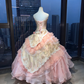 Strapless Pink Gold Vintage Ball Gown 3D Floral Lace Tiered Ruffle Tulle Prom Dress  NV7033