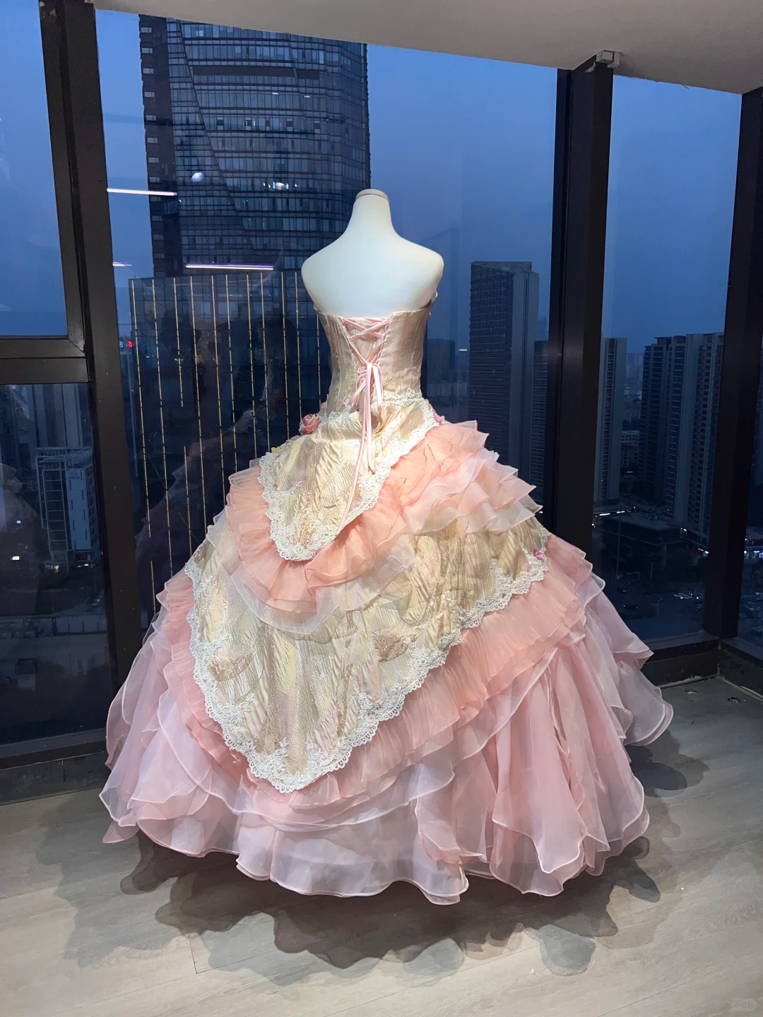Strapless Pink Gold Vintage Ball Gown 3D Floral Lace Tiered Ruffle Tulle Prom Dress  NV7033