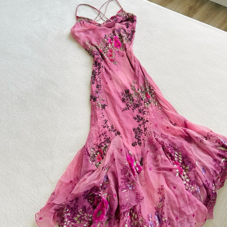 Pink spaghetti strap elegant floral long chiffon party dress evening gown prom dress nv3264