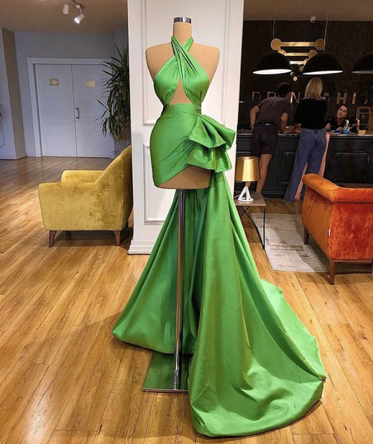 Green fashion cross collar long short sexy elegant trailing ball gown evening dress nv3277