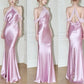 Robe de soirée élégante moulante rose dos nu sans manches, longue en satin, pour invitée de mariage, demoiselle d'honneur, robe de soirée, robe de bal, robe de bal nv3926