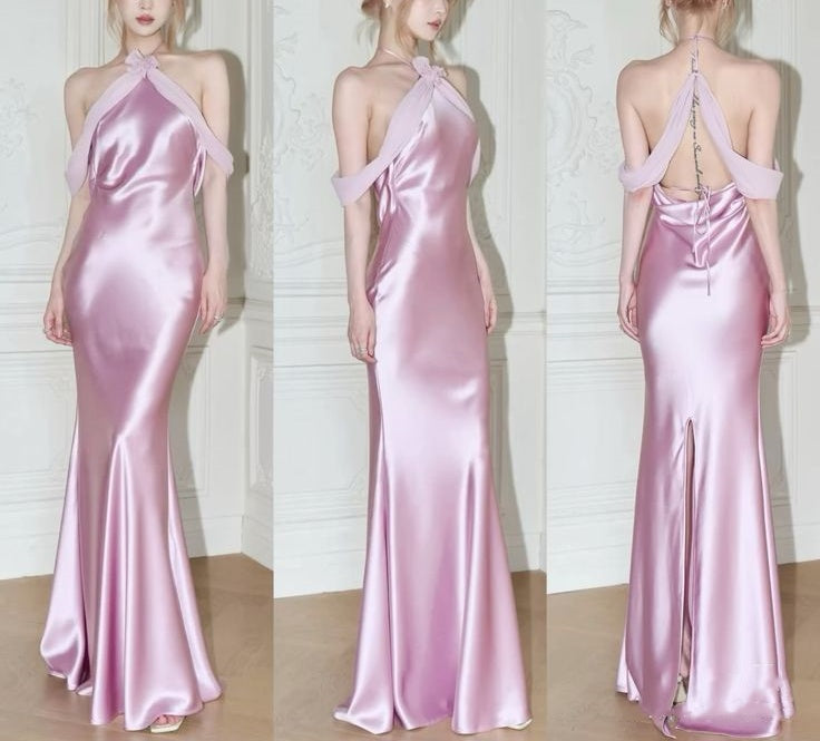 Robe de soirée élégante moulante rose dos nu sans manches, longue en satin, pour invitée de mariage, demoiselle d'honneur, robe de soirée, robe de bal, robe de bal nv3926