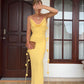Robe de bal élégante en satin jaune à pompons et bretelles spaghetti, robe d'invitée de mariage nv5201