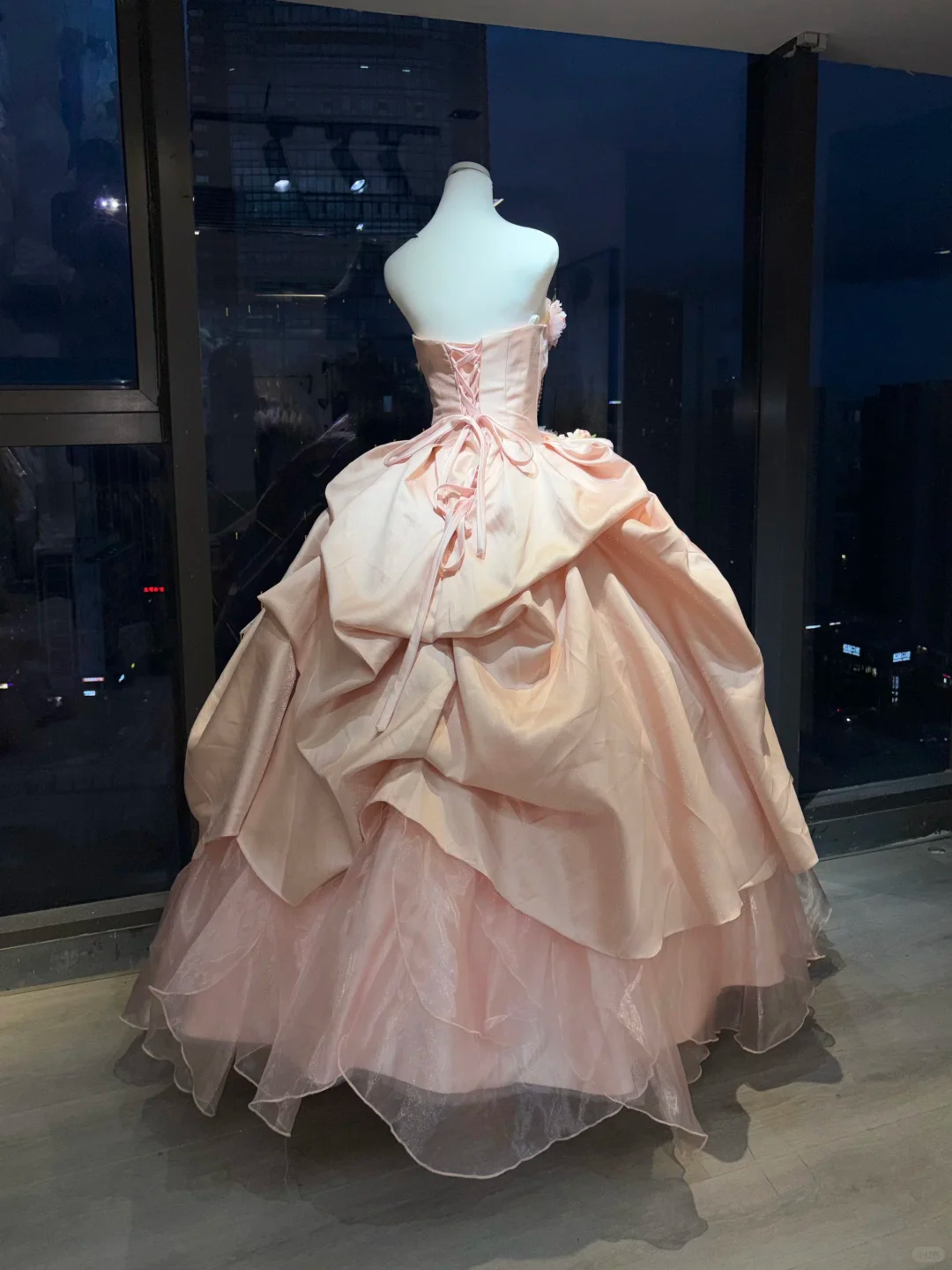 Strapless Blush Pink Princess Ball Gown 3D Flowers Ruffled Satin Tiered Tulle Pearl Chain Long Prom Wedding Dress  NV6975