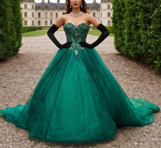 NiceVestidos – Smaragdgrünes, ärmelloses, bodenlanges Ballkleid aus Tüll mit Perlenbesatz und Schleppe, trägerlos, bodenlang, NV6168
