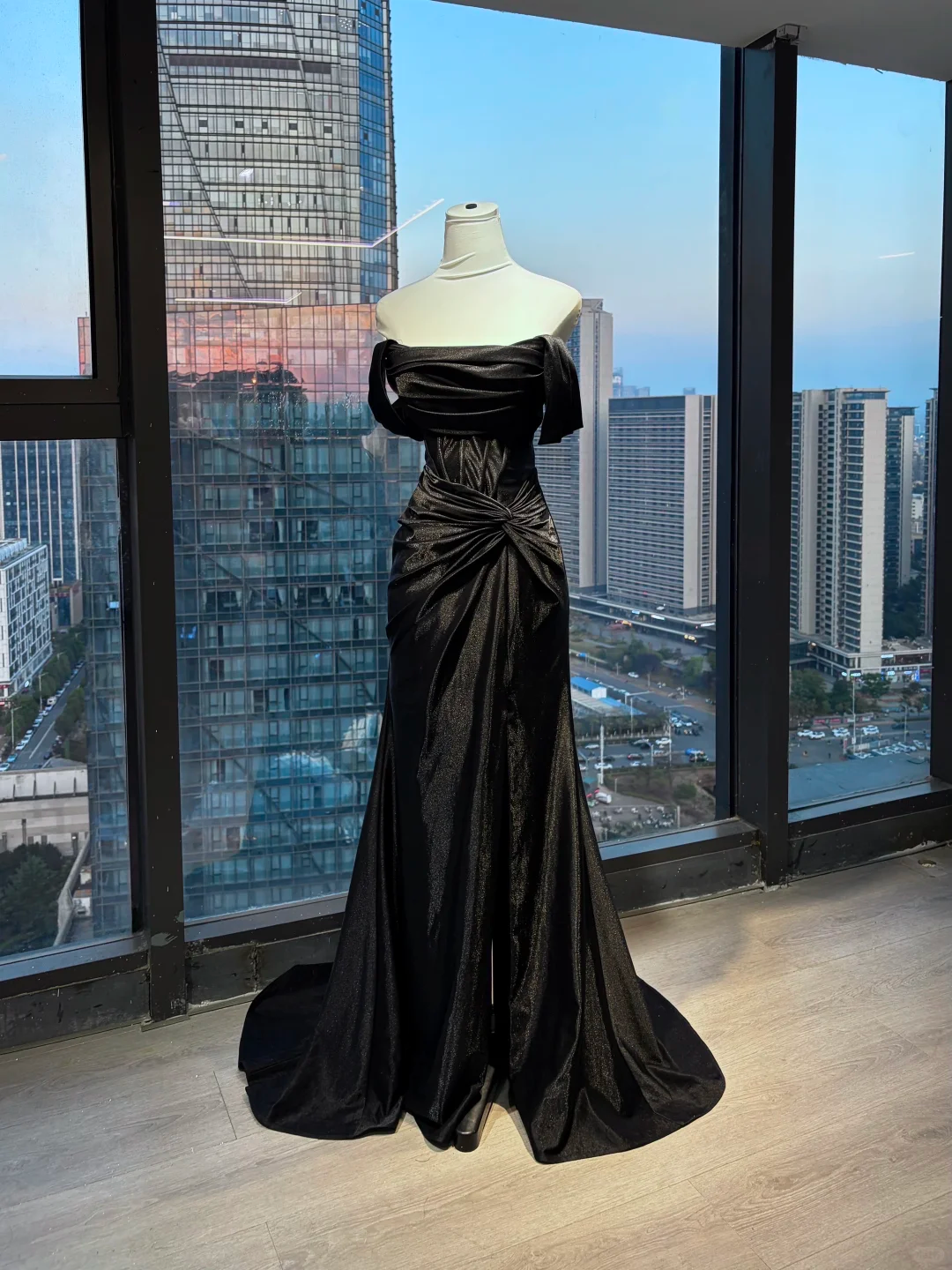 Off Shoulder Black Shimmer Satin Mermaid Prom Dress Twist Ruched Waist Long Train Evening Gown  NV6994
