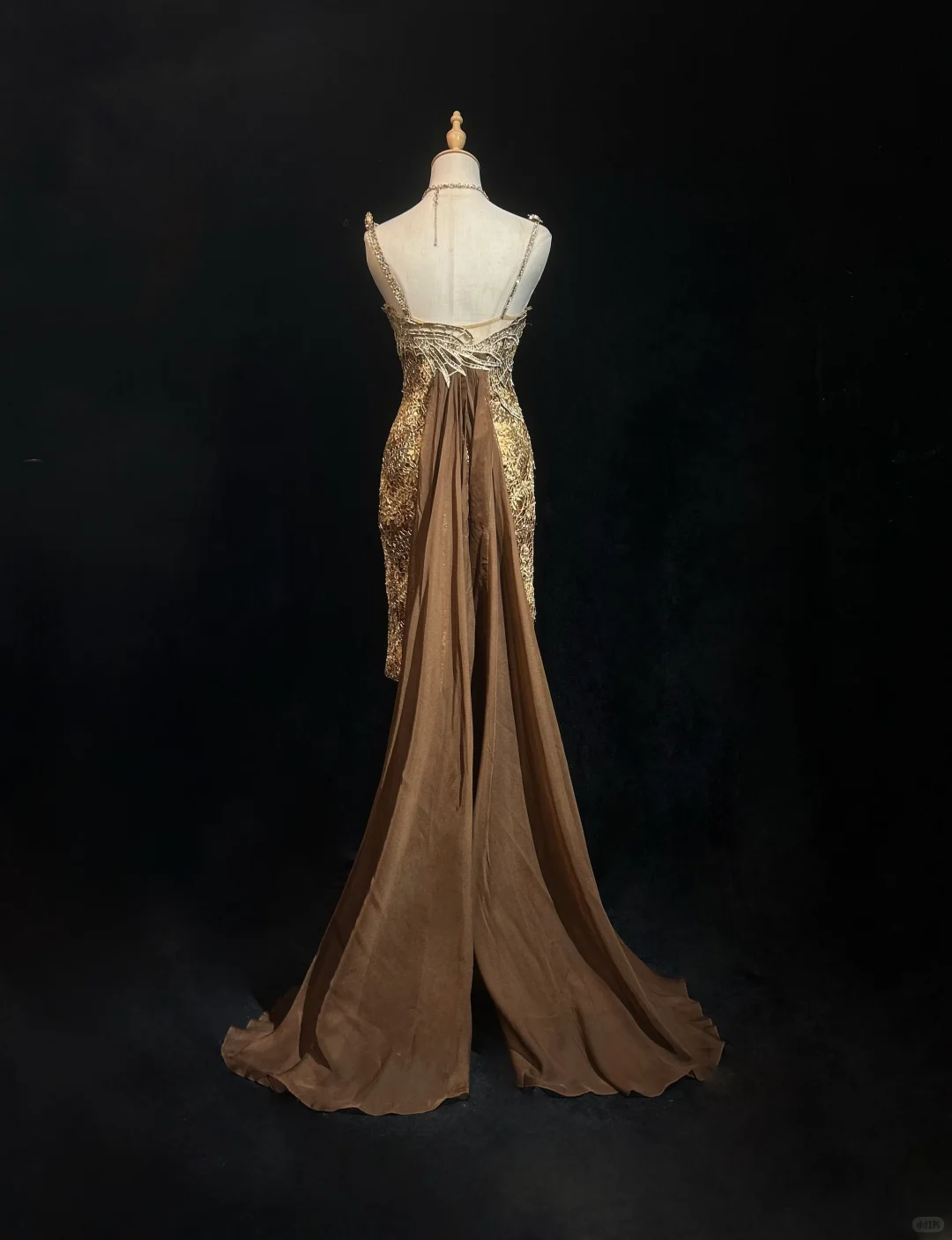 Spaghetti Strap Champagne Gold Short Prom Dress Heavy Rhinestone Beading Mermaid Bodycon with Long Chiffon Cape Formal Gown  NV6903