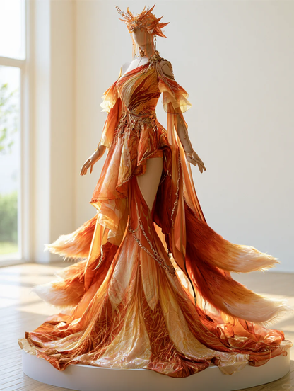 Orange Gold One Shoulder Nine-Tailed Fox Fantasy Gown  NV7475