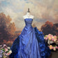 Bodenlanges, langes Vintage-Ballkleid aus blauem Satin, NV5152
