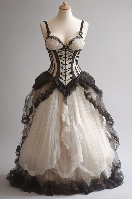 NiceVestidos-Schwarz-Weiß Kontrast Tüll Spaghetti-Träger Korsett Spitze-Verzierung Bodenlanges Kleid im Gothic-Stil NV6207