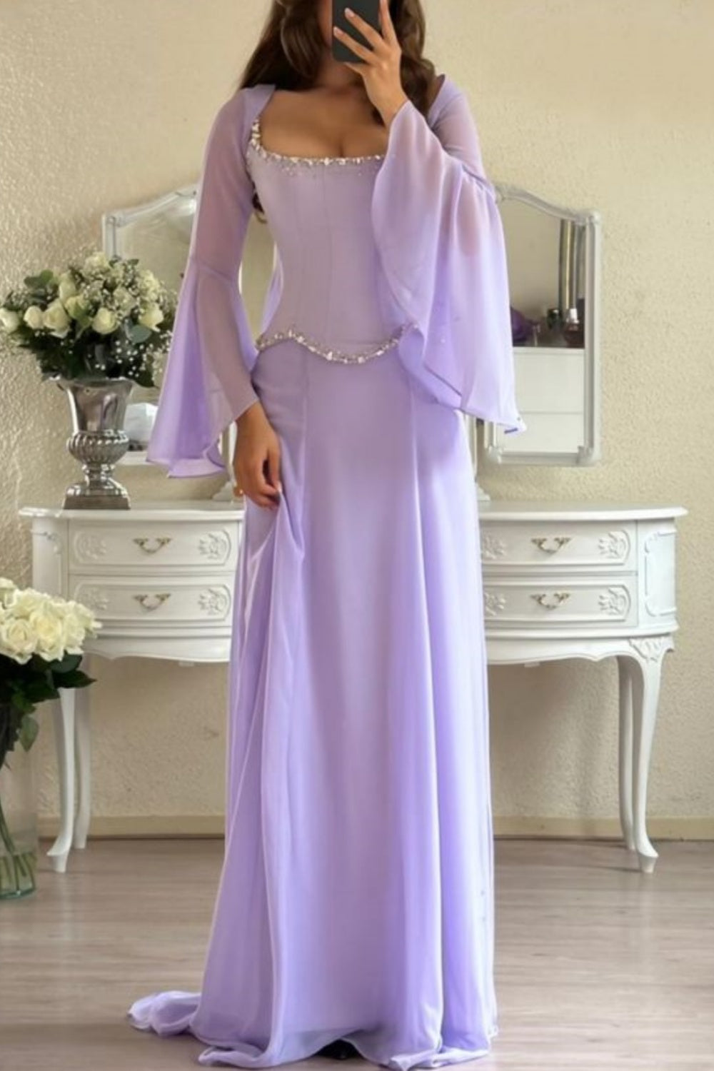 NiceVestidos - Robe de soirée extra-longue en mousseline de soie lavande, style déesse rêveuse, manches longues évasées, NV5795