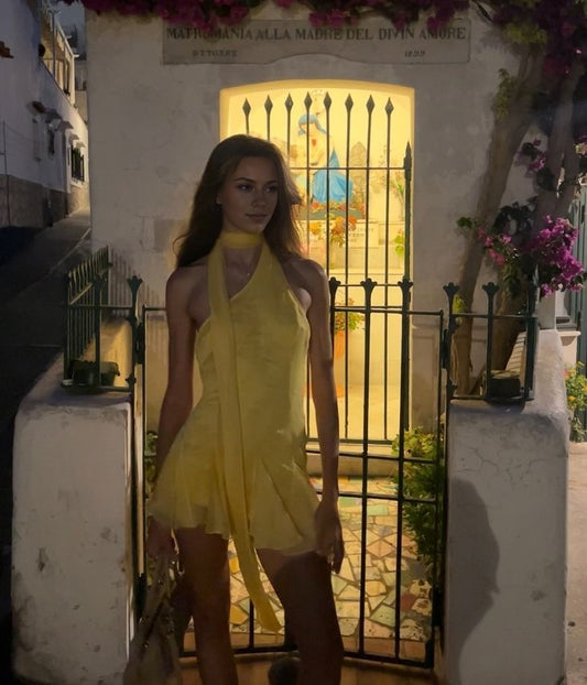 Robe de soirée courte en mousseline de soie jaune à la mode, robe de soirée, robe d'anniversaire, nv4677