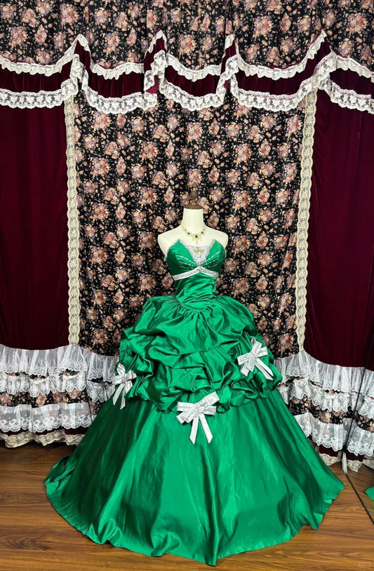 Grünes, glänzendes, langes Satin-Ballkleid mit Perlenschleife, Abendkleid für Quinceanera, NV4645