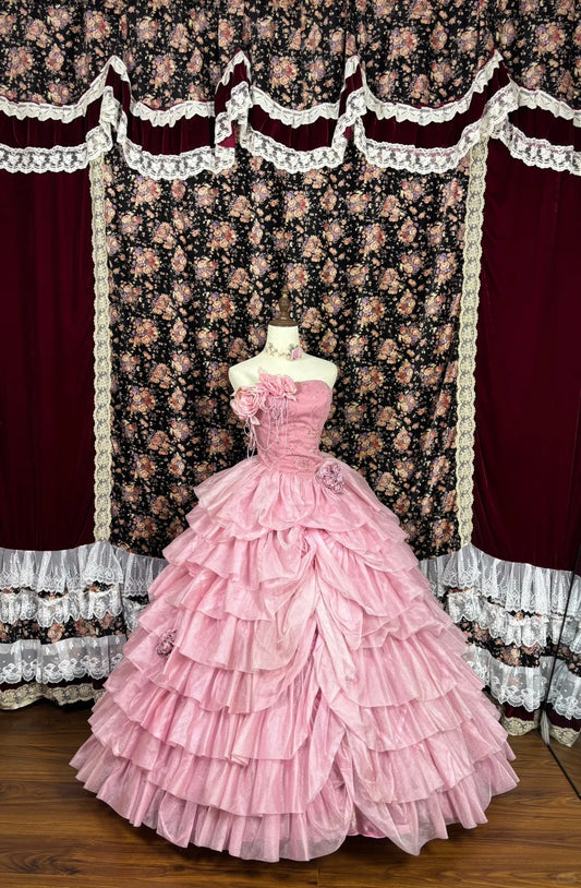 Rosa, florales, perlenbesetztes, langes Ballkleid aus Tüll, Abendkleid für Quinceanera, NV4646