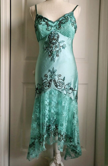 Robe de soirée longue bleue vintage en dentelle perlée et bretelles spaghetti, tenue de bal, robe de soirée, nv3540